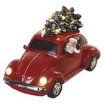 Emos LED rdeč avto z Božičkom, 12,5 cm, 3x AA, notranji, toplo bel, s časovnikom