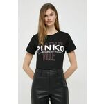 Bombažna kratka majica Pinko ženski, črna barva - črna. Kratka majica iz kolekcije Pinko, izdelana iz pletenine s potiskom. Model iz izjemno udobne bombažne tkanine.