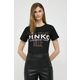 Bombažna kratka majica Pinko ženski, črna barva - črna. Kratka majica iz kolekcije Pinko, izdelana iz pletenine s potiskom. Model iz izjemno udobne bombažne tkanine.