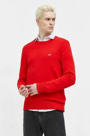 Bombažen pulover Tommy Jeans rdeča barva - rdeča. Pulover iz kolekcije Tommy Jeans. Model izdelan iz srednje debele pletenine. Model iz izjemno udobne bombažne tkanine.