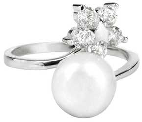 JwL Luxury Pearls Srebrni prstan s pravim biserom in prozornimi kristali JL0322 srebro 925/1000