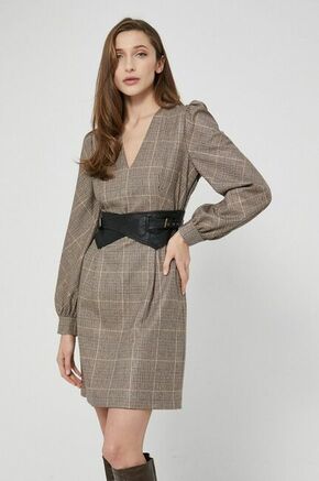 Obleka s primesjo volne Twinset rjava barva - rjava. Obleka iz kolekcije Twinset. Raven model izdelan iz vzorčaste tkanine.
