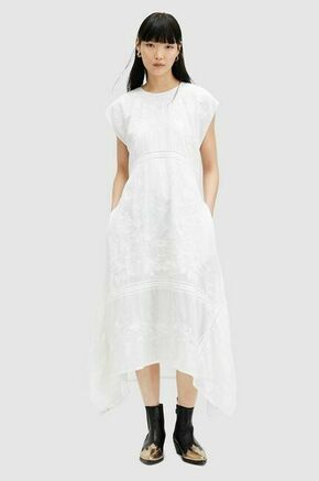 Bombažna obleka AllSaints GIANNA EMB DRESS bela barva