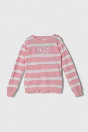 Otroški bombažen pulover Guess roza barva - roza. Otroške Pulover iz kolekcije Guess. Model izdelan iz bombažne pletenine. Model iz izjemno udobne bombažne tkanine.