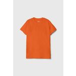 Otroška kratka majica Guess oranžna barva - oranžna. Otroške kratka majica iz kolekcije Guess, izdelana iz pletenine z nalepko. Model iz izjemno udobne tkanine z visoko vsebnostjo bombaža.