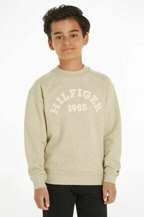 Otroški bombažen pulover Tommy Hilfiger bež barva - bež. Otroški pulover s kapuco iz kolekcije Tommy Hilfiger. Model izdelan iz pletenine s potiskom.