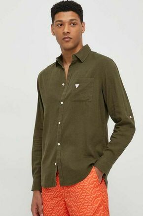 Lanena srajca Guess zelena barva - zelena. Srajca iz kolekcije Guess