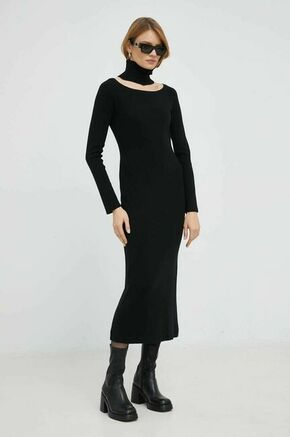 Obleka s primesjo volne Twinset črna barva - črna. Obleka iz kolekcije Twinset. Oprijet model izdelan iz enobarvne pletenine.