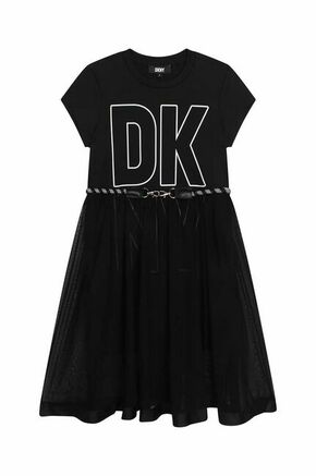 Otroška obleka Dkny črna barva - črna. Otroški Obleka iz kolekcije Dkny. Nabran model izdelan iz pletenine s potiskom.