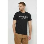 Kratka majica Guess moški, črna barva - črna. Kratka majica iz kolekcije Guess, izdelana iz tanke, elastične pletenine. Model iz izjemno udobne, zračne tkanine.