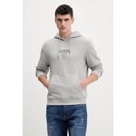 Bombažen pulover Guess Jeans moški, siva barva, s kapuco, M6RQ26 KCPR1 - siva. Pulover s kapuco iz kolekcije Guess Jeans, izdelan iz pletenine z dekorativnim vezenjem. Model iz izjemno udobne bombažne tkanine.