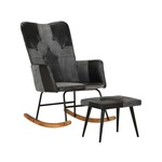 VIDAXL Gugalni stol s stolčkom za noge črno pravo usnje in platno