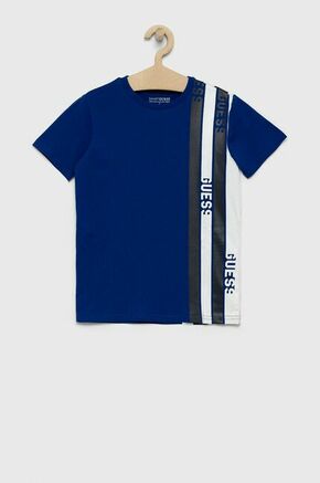 Otroški bombažen t-shirt Guess - modra. Otroški T-shirt iz kolekcije Guess. Model izdelan iz tanke