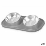 posodo za hrano za hišne ljubljenčke siva kovina 40 x 8,5 x 22 cm dvojna (12 kosov)