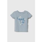 Kratka majica za dojenčka Guess - modra. Kratka majica za dojenčka iz kolekcije Guess. Model izdelan iz mehke pletenine s potiskom. Visokokakovosten material, izdelan v skladu z načeli trajnostnega razvoja.