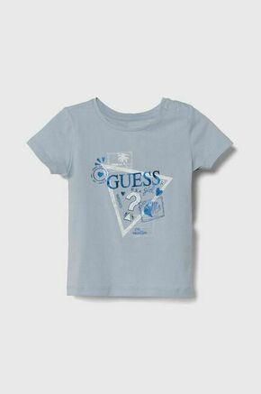 Kratka majica za dojenčka Guess - modra. Kratka majica za dojenčka iz kolekcije Guess. Model izdelan iz mehke pletenine s potiskom. Visokokakovosten material