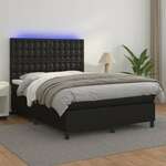 Greatstore Box spring postelja z vzmetnico LED črna 140x190 cm um. usnje