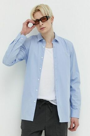 Bombažna srajca HUGO moška - modra. Srajca iz kolekcije HUGO. Model izdelan iz enobarvne tkanine. Ima klasičen