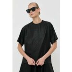 Kratka majica BOSS ženski, črna barva - črna. Kratka majica iz kolekcije BOSS, izdelana iz pletenine s potiskom. Model iz izjemno udobne tkanine z visoko vsebnostjo bombaža.