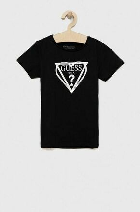 Otroška kratka majica Guess črna barva - črna. Otroške kratka majica iz kolekcije Guess. Model izdelan iz pletenine s potiskom. Model iz izjemno udobne tkanine z visoko vsebnostjo bombaža.