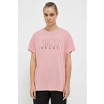 Bombažna kratka majica Dkny roza barva - roza. Ohlapna kratka majica iz kolekcije Dkny, izdelana iz tanke, elastične pletenine. Model iz izjemno udobne in zračne tkanine je idealen za toplejše letne čase.