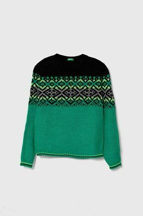 Otroški pulover s primesjo volne United Colors of Benetton zelena barva - zelena. Otroške Pulover iz kolekcije United Colors of Benetton. Model izdelan iz vzorčaste pletenine. Volna ima naravno zračnost