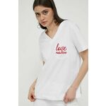Bombažna kratka majica Love Moschino bela barva - bela. Kratka majica iz kolekcije Love Moschino, izdelana iz pletenine z nalepko. Model iz izjemno udobne bombažne tkanine.