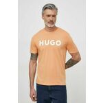 Bombažna kratka majica HUGO moški, oranžna barva - oranžna. Lahkotna kratka majica iz kolekcije HUGO, izdelana iz pletenine, prijetne na otip. Model iz izjemno udobne, zračne tkanine.