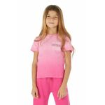 Otroška bombažna kratka majica Guess roza barva - roza. Otroške kratka majica iz kolekcije Guess. Model izdelan iz pletenine. Model iz izjemno udobne bombažne tkanine.