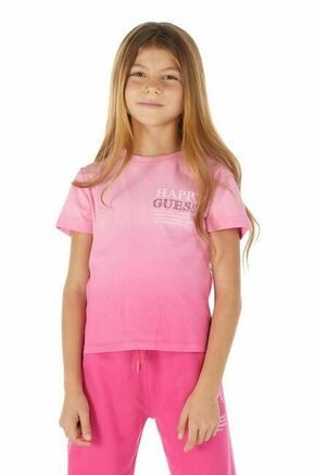 Otroška bombažna kratka majica Guess roza barva - roza. Otroške kratka majica iz kolekcije Guess. Model izdelan iz pletenine. Model iz izjemno udobne bombažne tkanine.