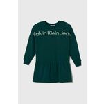 Otroška bombažna obleka Calvin Klein Jeans zelena barva - zelena. Otroški obleka iz kolekcije Calvin Klein Jeans. Model izdelan iz elastične pletenine. Model iz izjemno udobne bombažne tkanine.