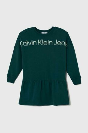 Otroška bombažna obleka Calvin Klein Jeans zelena barva - zelena. Otroški obleka iz kolekcije Calvin Klein Jeans. Model izdelan iz elastične pletenine. Model iz izjemno udobne bombažne tkanine.
