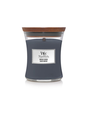 WoodWick modra dišeča sveča Indigo Suede srednja vaza