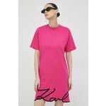 Bombažna obleka Karl Lagerfeld roza barva - roza. Obleka iz kolekcije Karl Lagerfeld. Raven model, izdelan iz tanke, elastične pletenine. Lahek in udoben model, idealen za vsakodnevno nošenje.