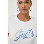 Bombažna kratka majica Guess ženski, bela barva - bela. Kratka majica iz kolekcije Guess, izdelana iz pletenine z nalepko. Model iz izjemno udobne bombažne tkanine.