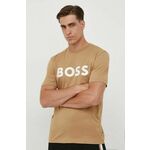 Bombažna kratka majica BOSS bež barva - bež. Kratka majica iz kolekcije BOSS, izdelana iz tanke, elastične pletenine. Model iz izjemno udobne bombažne tkanine.