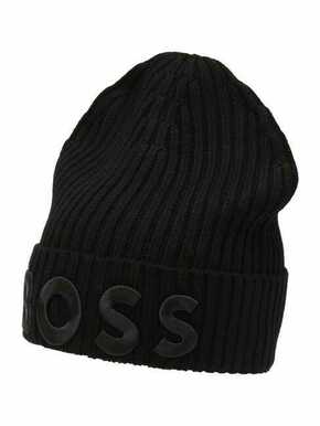Volnena kapa BOSS črna barva - črna. Kapa iz kolekcije BOSS. Model izdelan iz pletenine z nalepko.
