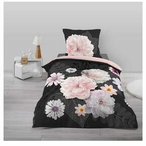 Črna/rožnata enojna bombažna posteljnina 140x200 cm Floral – douceur d'intérieur