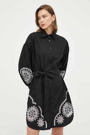 Bombažna obleka Twinset črna barva - črna. Obleka iz kolekcije Twinset. Model izdelan iz tkanine. Model iz izjemno udobne tkanine z visoko vsebnostjo bombaža.