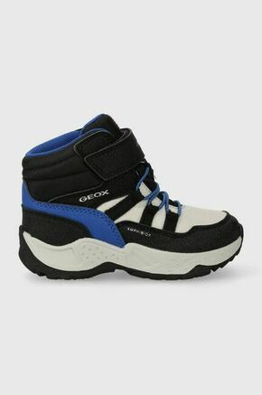 Otroški zimski škornji Geox siva barva - črna. Zimski čevlji iz kolekcije Geox. Podloženi model izdelan iz kombinacije ekološkega usnja in tekstilnega materiala. Model z mehko notranjo oblogo.