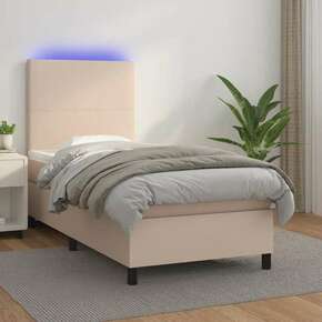 VidaXL Box spring postelja z vzmetnico LED kapučino 80x200cm um. usnje