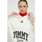 Bombažen pulover Tommy Jeans ženska, bež barva, s kapuco - bež. Pulover s kapuco iz kolekcije Tommy Jeans, izdelan iz elastične pletenine. Model iz izjemno udobne bombažne tkanine.