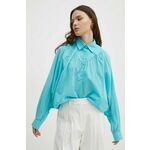 Bombažna majica Sisley ženska - modra. Bluza iz kolekcije Sisley izdelana iz enobarvne tkanine. Model iz zračne bombažne tkanine.
