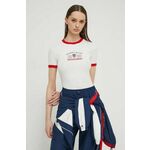 Kratka majica Tommy Jeans Archive Games ženska, bež barva - bež. Kratka majica iz kolekcije Tommy Jeans, izdelana iz tanke, elastične pletenine. Model iz zračne tkanine z visoko vsebnostjo bombaža.