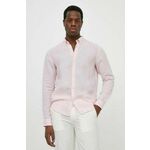 Lanena srajca BOSS roza barva - roza. Srajca iz kolekcije BOSS, izdelana iz enobarvne tkanine. Model iz zračne lanene tkanine.