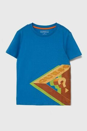 Otroška bombažna kratka majica Guess - modra. Lahkotna kratka majica iz kolekcije Guess