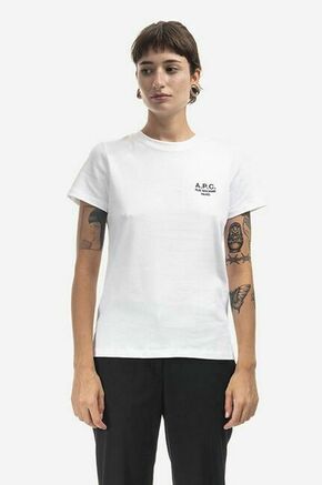 Bombažna kratka majica A.P.C. Denise siva barva - bela. Kratka majica iz kolekcije A.P.C. Izdelana iz pletenine z nalepko. Model iz izjemno udobne bombažne tkanine.