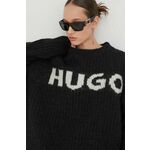 Volnen pulover HUGO ženski, črna barva - črna. Pulover iz kolekcije HUGO. Model izdelan iz debele pletenine. Model z visoko vsebnostjo volne, ki ima naravno sposobnost dihanja in vpijanja vlage.