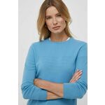 Volnen pulover United Colors of Benetton ženski - modra. Pulover iz kolekcije United Colors of Benetton. Model izdelan iz enobarvne pletenine. Deviška volna je lažja od klasične volne. Odlikujejo jo izjemna mehkoba, finost in trpežnost.