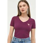 Kratka majica Guess ženski, vijolična barva - vijolična. Kratka majica iz kolekcije Guess, izdelana iz enobarvne pletenine. Model iz izjemno udobne tkanine z visoko vsebnostjo bombaža.